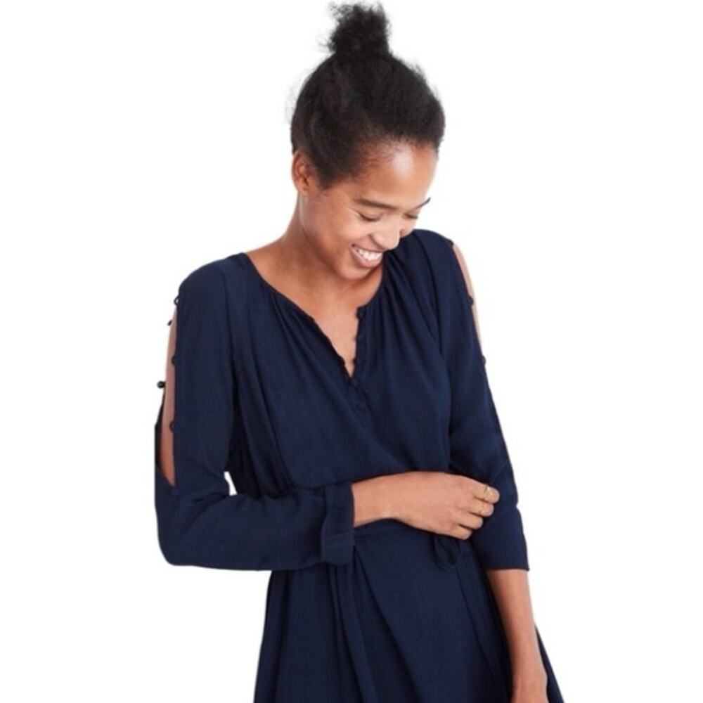 NWT Madewell Button Sleeve Slit Navy Blue Dress Sz M
